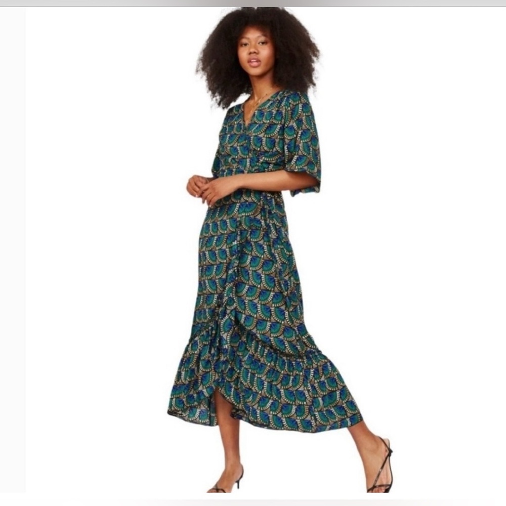 Silk & Salt Journey Peacock Blue Green Black Tan Viscose Short Sleeve Wrap Dress